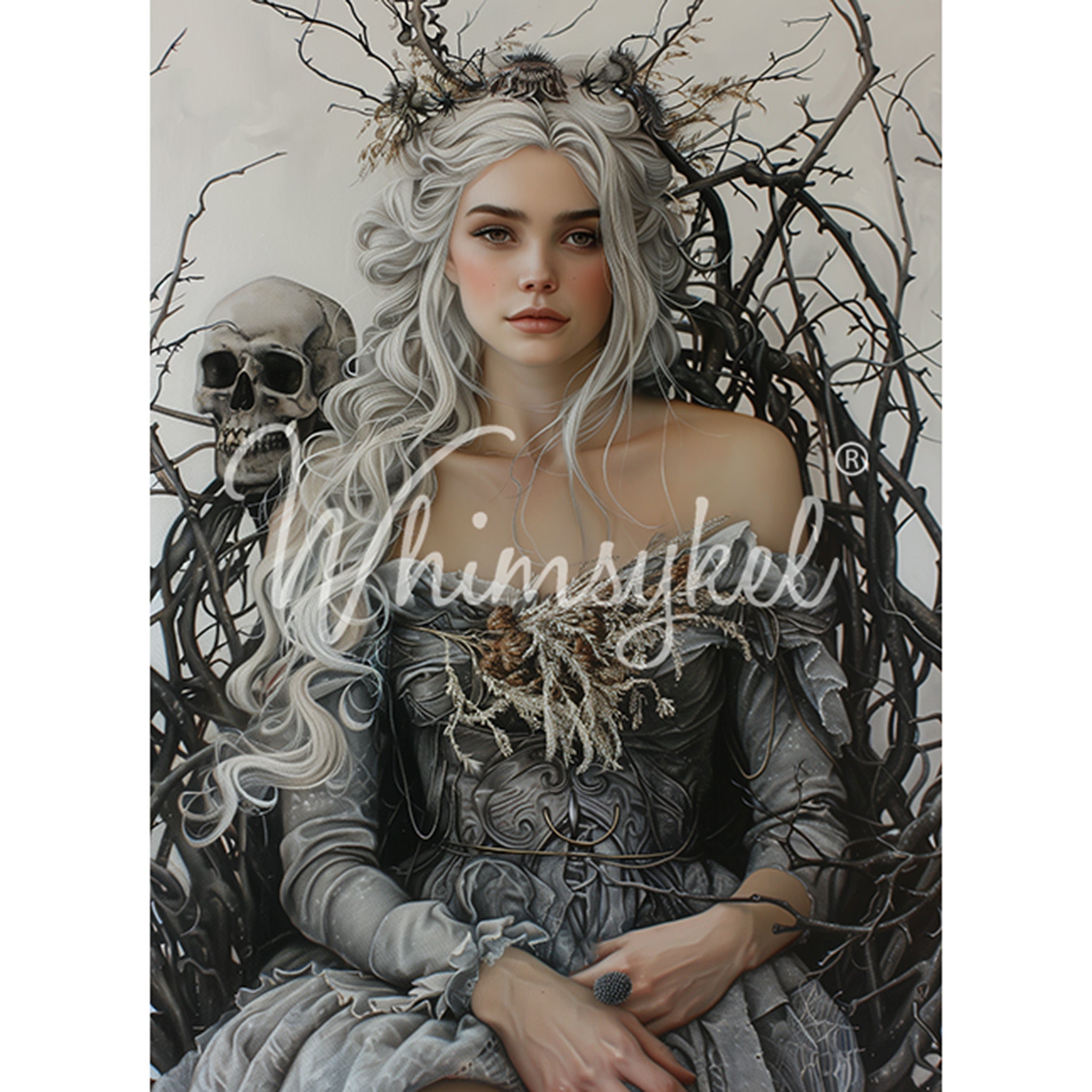 Tissue paper design that features a young queen with her stunning white hair, seated upon a throne of branches, thorns, and a fierce skull. White borders are on the sides.