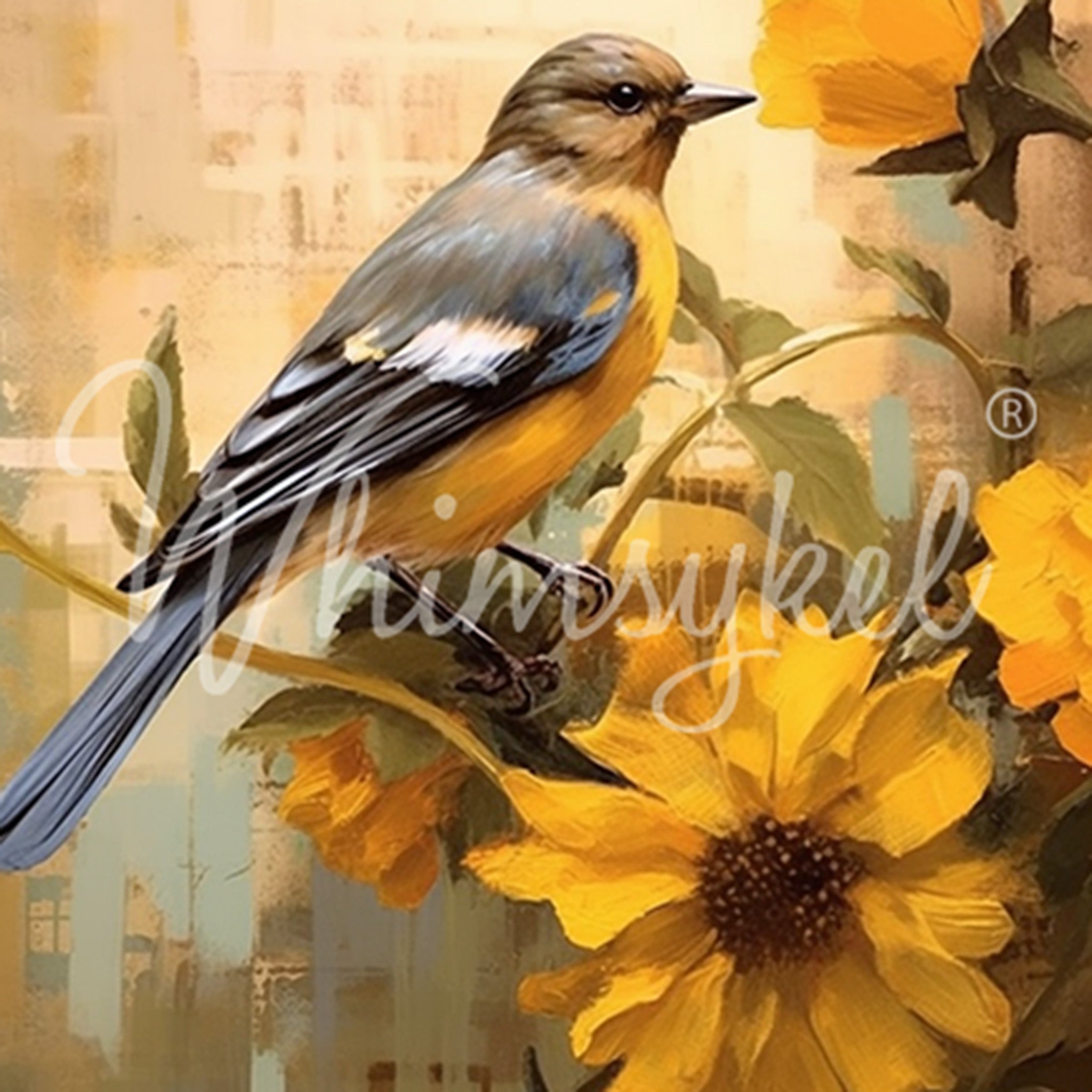 Close-up of a tissue paper featuring a charming bluebird perched on sunflowers against a golden colored background. 