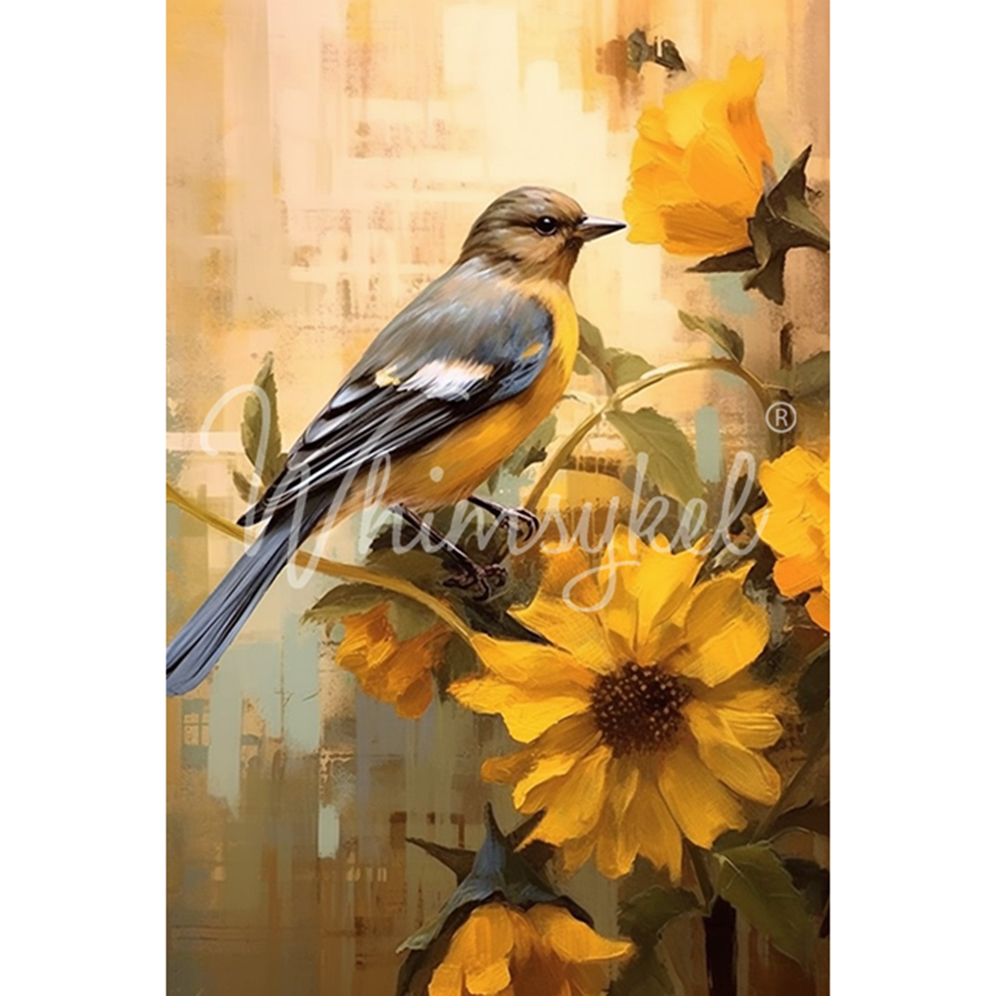 Tissue paper featuring a charming bluebird perched on sunflowers against a golden colored background. White borders are on the sides.