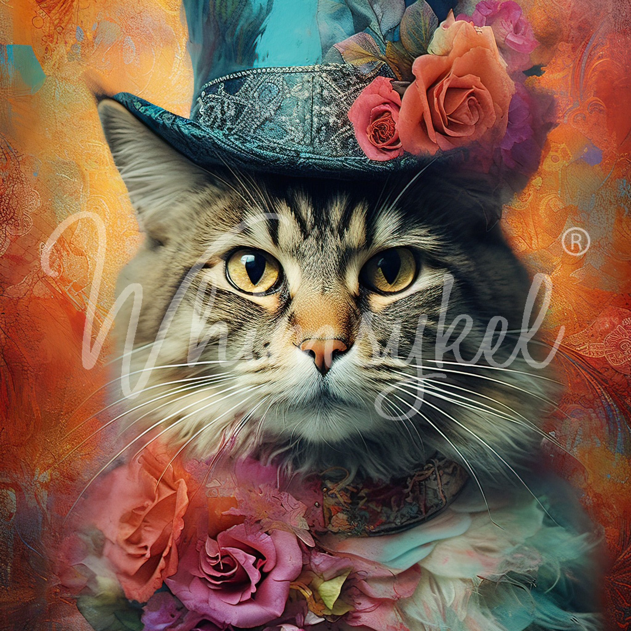 Close-up of a tissue paper design that features a witty feline wearing a top hat and collar adorned with vibrant orange and pink roses against a background of bright orange watercolor. 