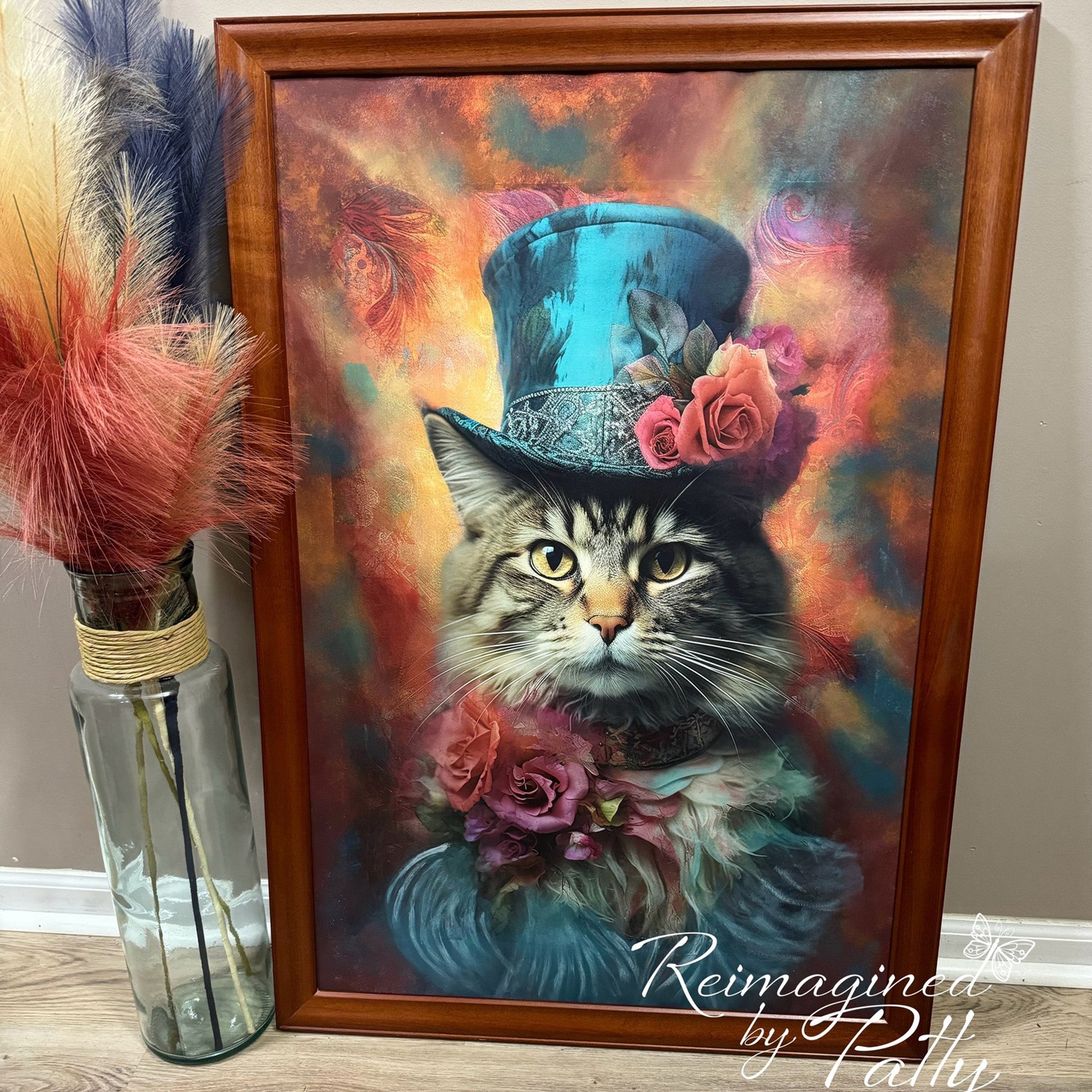 A framed canvas created by Reimagined by Patty features Whimsykel's Riley Cooper Cat tissue paper on it.