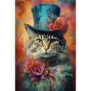Tissue paper design that features a witty feline wearing a top hat and collar adorned with vibrant orange and pink roses against a background of bright orange. White borders are on the sides.