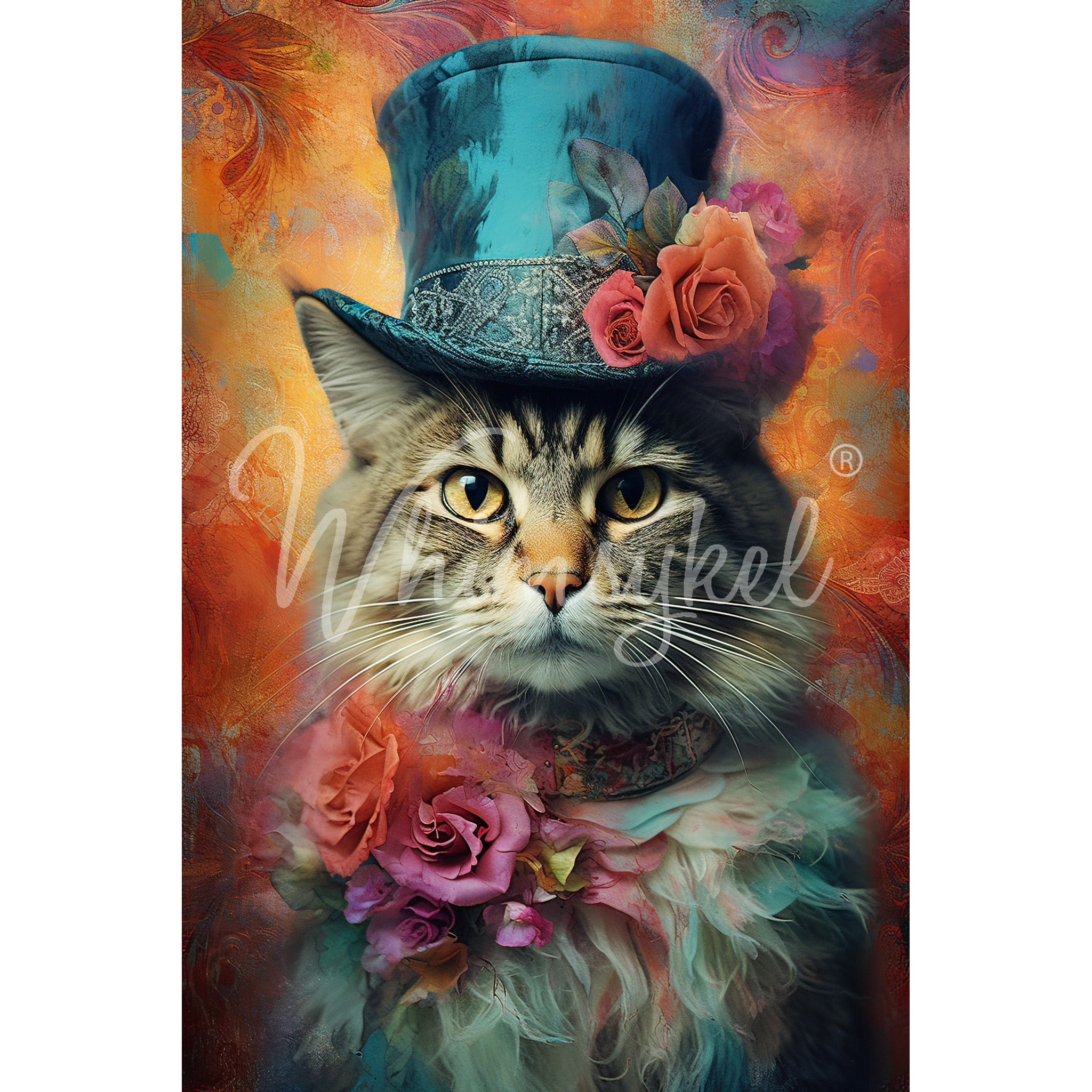 Tissue paper design that features a witty feline wearing a top hat and collar adorned with vibrant orange and pink roses against a background of bright orange watercolor. White borders are on the sides.