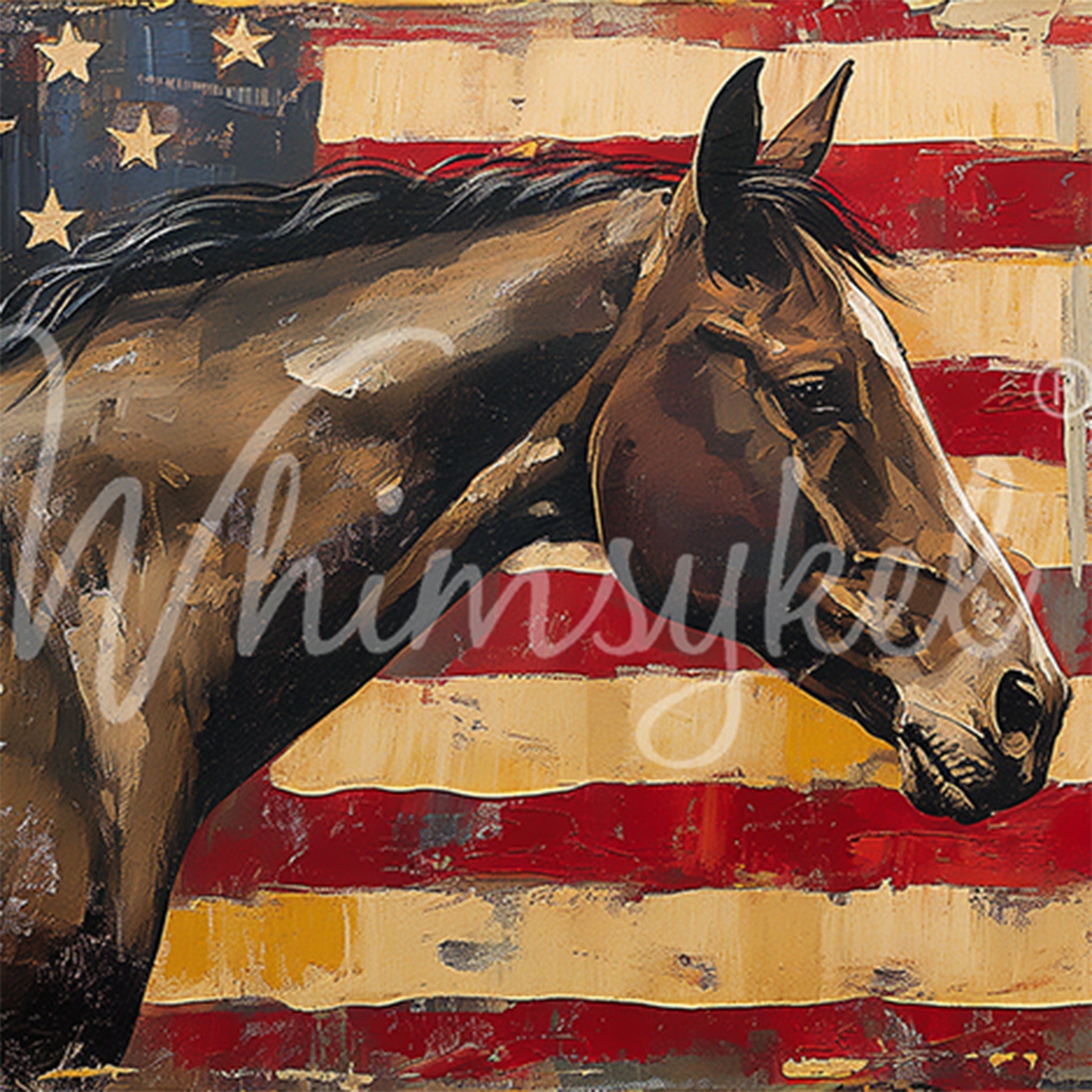 Close-up of a tissue paper design featuring a painting of an American flag behind a striking brown horse.