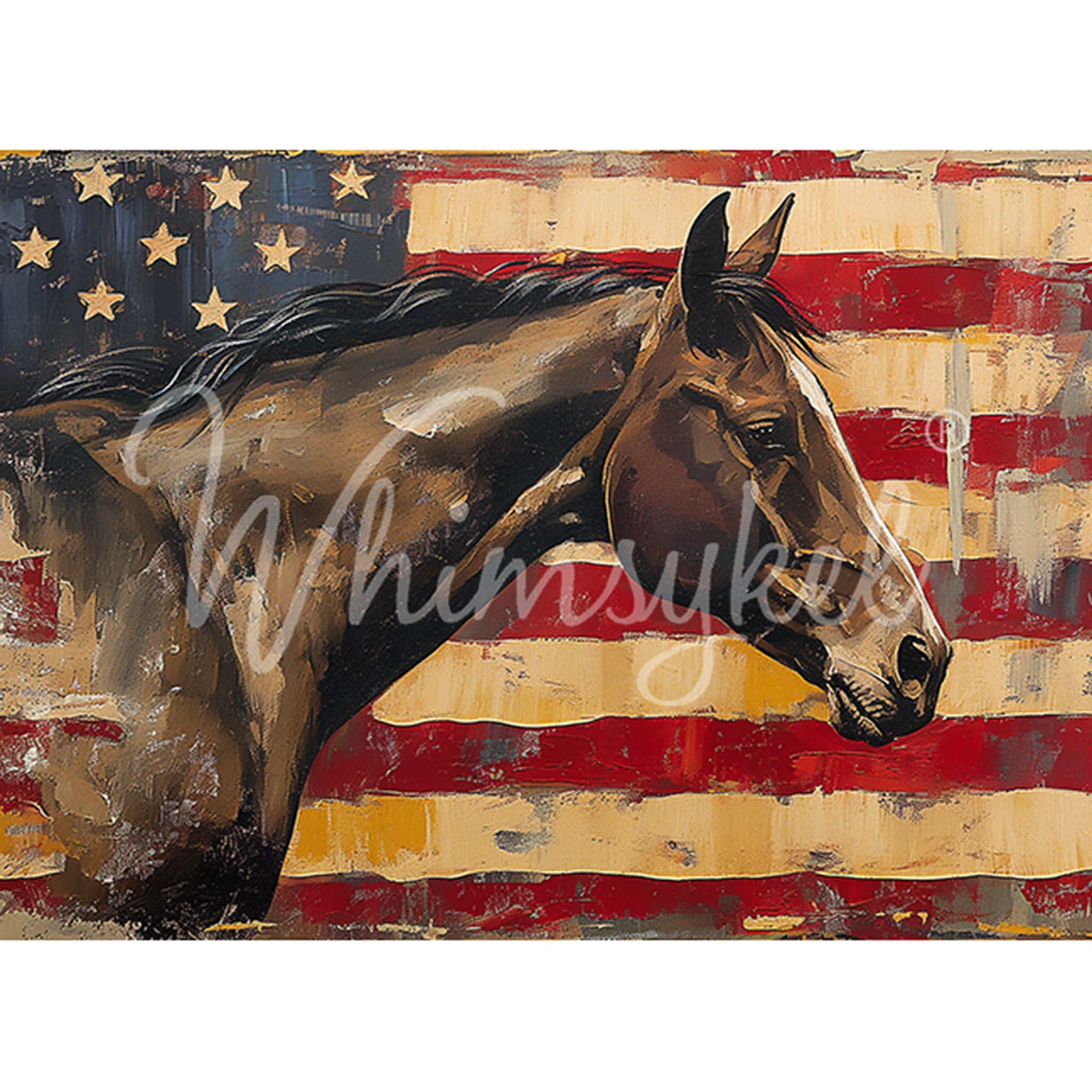 Tissue paper design featuring a painting of an American flag behind a striking brown horse. White borders are on the top and bottom.