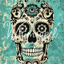 Close-up of a tissue paper design featuring a Day of the Dead inspired sugar skull against a turquoise damask background.