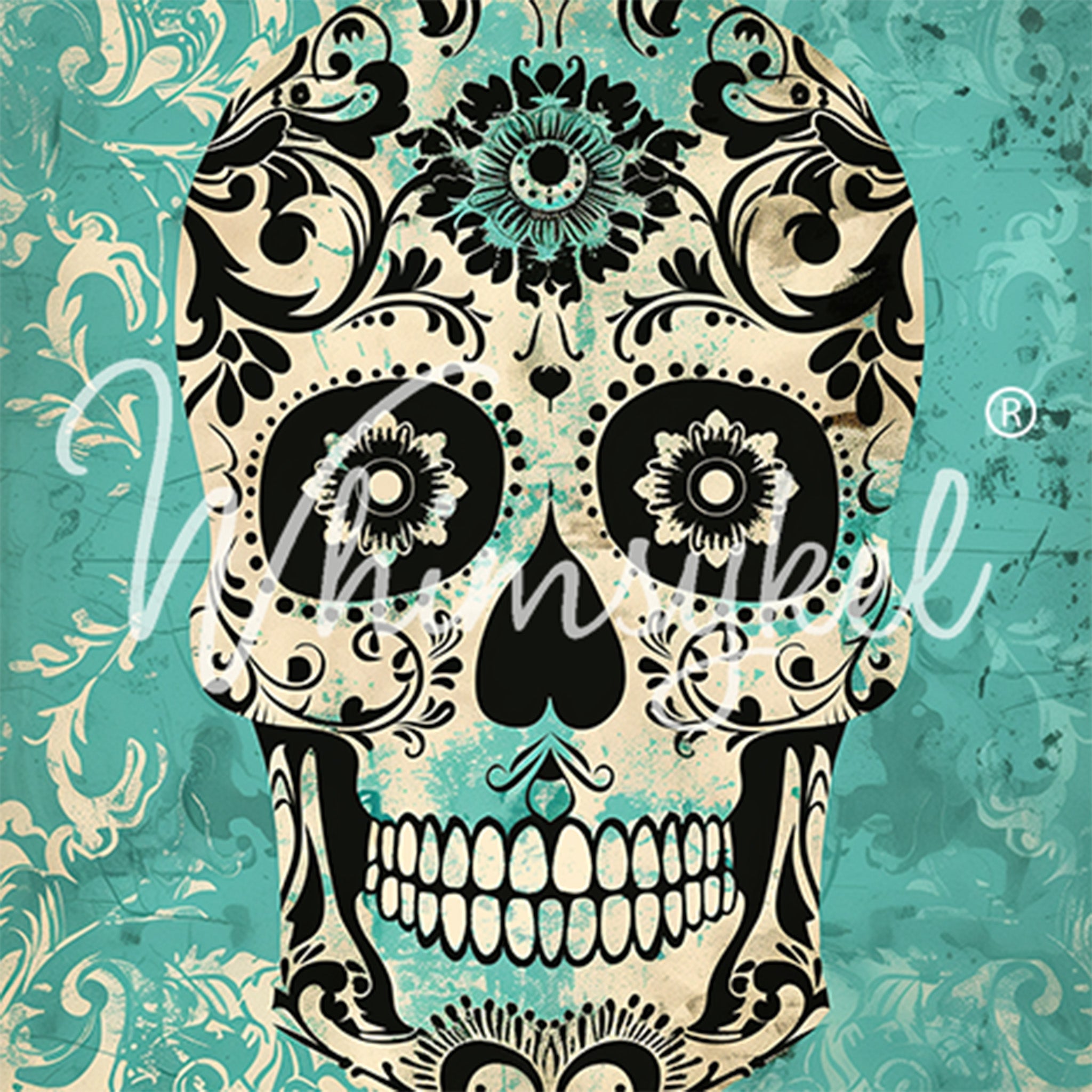 Close-up of a tissue paper design featuring a Day of the Dead inspired sugar skull against a turquoise damask background.