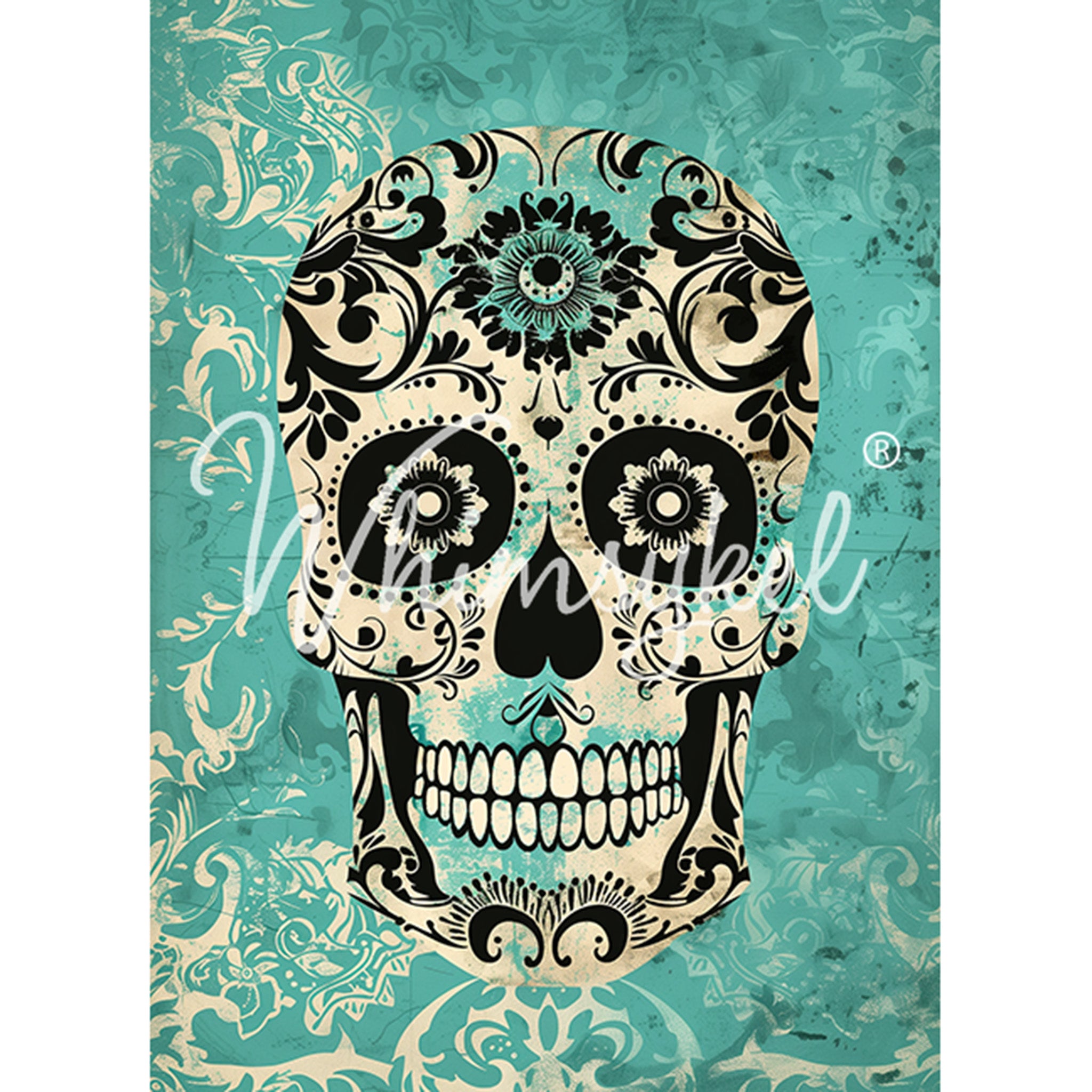 Tissue paper design featuring a Day of the Dead inspired sugar skull against a turquoise damask background. White borders are on the sides.