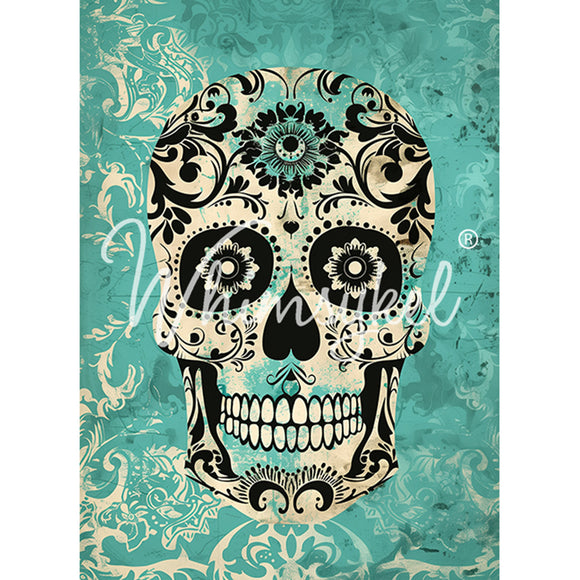 Tissue paper design featuring a Day of the Dead inspired sugar skull against a turquoise damask background. White borders are on the sides.
