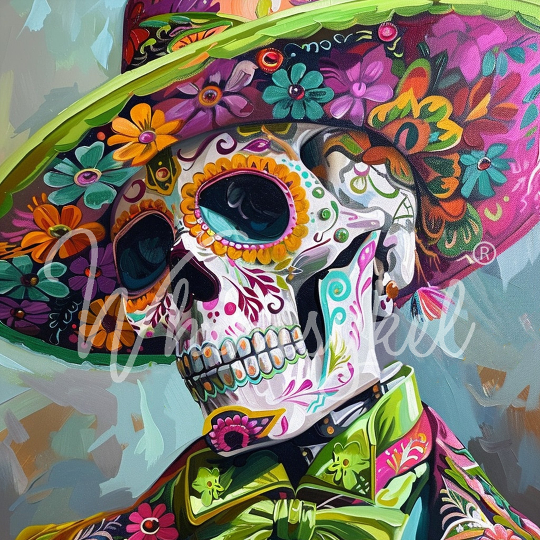 Close-up of a tissue paper design featuring a painting of a colorful Day of the Dead Sugar Skull dressed in a vibrant floral mariachi band outfit.