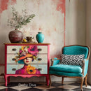Furniture makeover mockup showing a pink dresser decoupaged with Whimsykel Derby Diva portrait and florals, styled in a colorful room setting