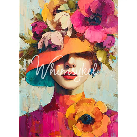 Whimsykel Derby Diva 21x29 tissue decoupage paper for furniture featuring a stylish portrait in a wide-brim hat with bold pink and orange flowers