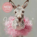 Whimsykel Donkey Dance tissue decoupage paper closeup featuring white donkey in pink tutu, 21x29 decoupage paper for furniture