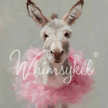 Whimsykel Donkey Dance tissue decoupage paper closeup featuring white donkey in pink tutu, 21x29 decoupage paper for furniture