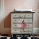 Dresser makeover mockup using Whimsykel Donkey Dance tissue decoupage paper for furniture, 21x29 sheet, donkey in pink tutu design