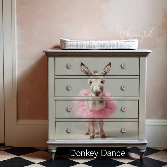 Dresser makeover mockup using Whimsykel Donkey Dance tissue decoupage paper for furniture, 21x29 sheet, donkey in pink tutu design