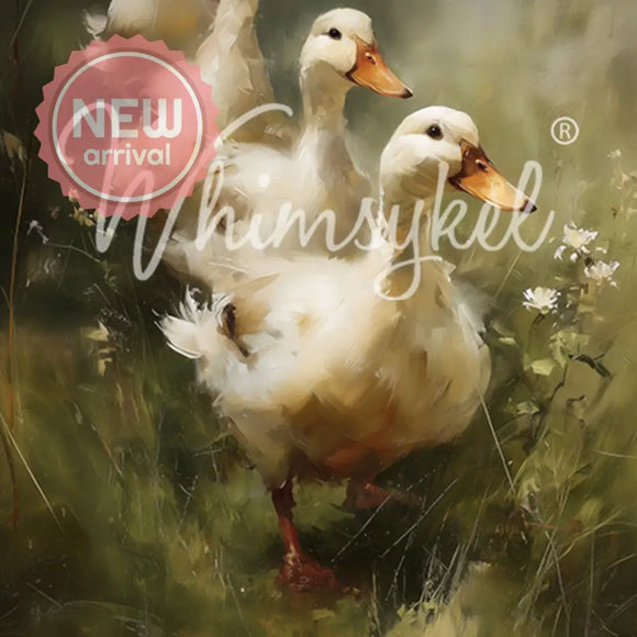 Whimsykel Ducks in a Row tissue decoupage paper close-up with four white ducks in a soft meadow scene (21x29)