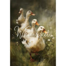 Full 21x29 Whimsykel Ducks in a Row tissue decoupage paper sheet with painterly white ducks in a green meadow