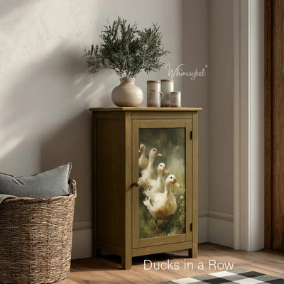 Small cabinet door mockup featuring Whimsykel Ducks in a Row tissue decoupage paper for farmhouse-style deco