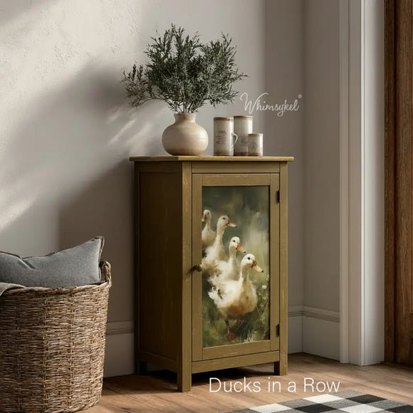 Small cabinet door mockup featuring Whimsykel Ducks in a Row tissue decoupage paper for farmhouse-style deco