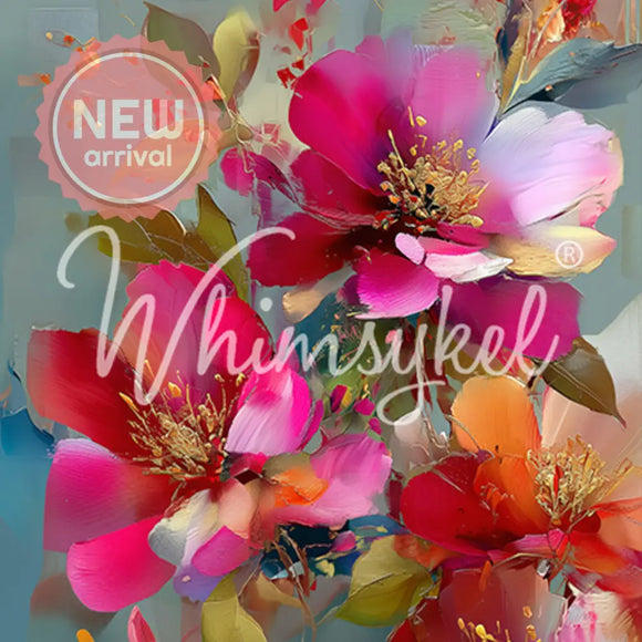 Fully Alive Whimsykel 21x29 tissue decoupage paper closeup with bright pink, coral, and red florals on a soft teal background