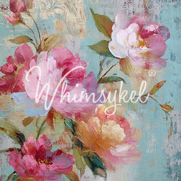 Close-up of Whimsykel Fresco Roses I tissue decoupage paper with pink roses, aqua texture, and soft gold fresco details