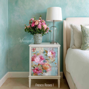 Whimsykel Fresco Roses I decoupage paper on a white nightstand for a romantic floral furniture makeover
