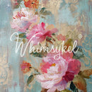 Close-up of Whimsykel Fresco Roses II tissue decoupage paper with pink roses, aqua texture, and vintage fresco details