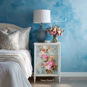 Whimsykel Fresco Roses II decoupage paper on a white nightstand for a romantic floral furniture makeover