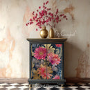 Painted cabinet makeover using Whimsykel Gilded Flowers 21x29 tissue decoupage paper with pink gilded florals on a dark background