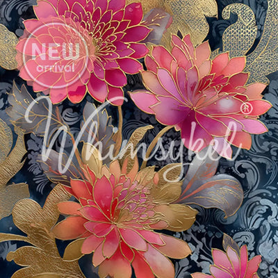Whimsykel Gilded Flowers tissue decoupage paper closeup with pink flowers and gold detailing on a dark damask background (21x29)