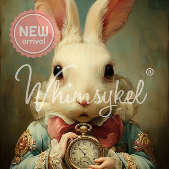 Close-up of Whimsykel Important Date tissue decoupage paper featuring a white rabbit in a vintage coat holding an antique pocket watch