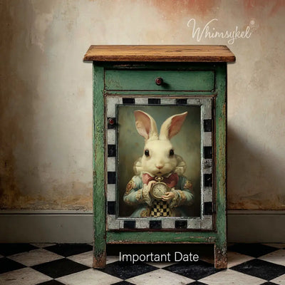 Whimsykel Important Date decoupage paper applied to a vintage green nightstand door panel with white rabbit and pocket watch artwork