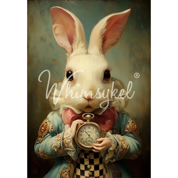 Full 21x29 Whimsykel Important Date tissue decoupage paper design showing a white rabbit portrait with an antique pocket watch