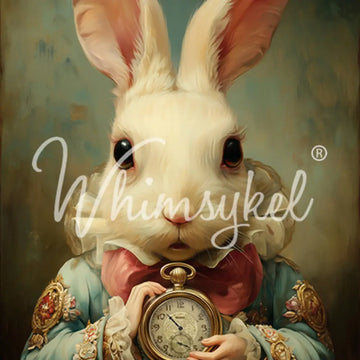 Close-up of Whimsykel Important Date tissue decoupage paper featuring a white rabbit in a vintage coat holding an antique pocket watch