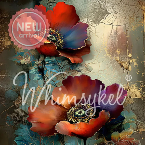 Whimsykel Moody Petals 21x29 tissue decoupage paper for furniture, close-up of red and plum poppy flowers with teal foliage and gold crackle texture