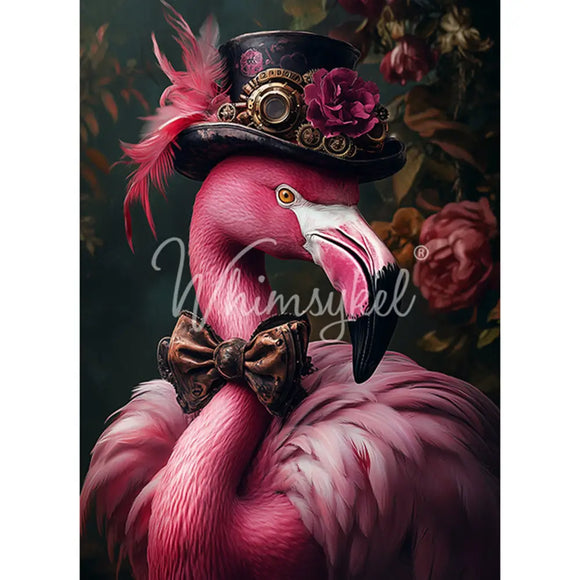 Full 21x29 sheet of Whimsykel Pink Flamingear tissue decoupage paper for furnitureÑpink flamingo with steampunk hat and bow tie.