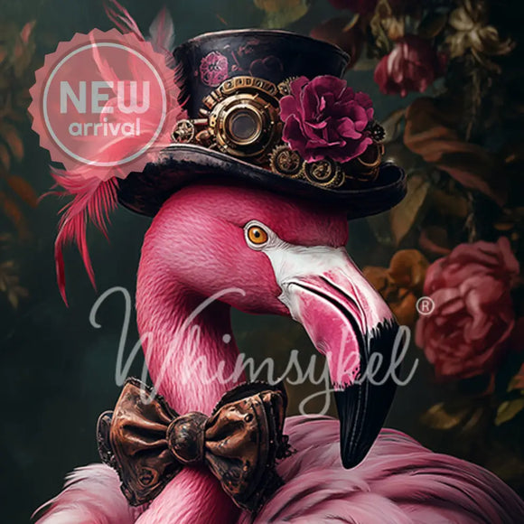 Close-up of Whimsykel Pink Flamingear tissue decoupage paper designÑpink flamingo in a steampunk top hat with gears and roses.