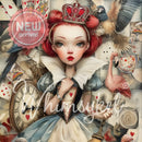 Whimsykel Queen of Hearts 21x29 tissue decoupage paper for furniture with playing cards, crown, flamingos, and vintage clock