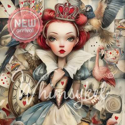 Whimsykel Queen of Hearts 21x29 tissue decoupage paper for furniture with playing cards, crown, flamingos, and vintage clock