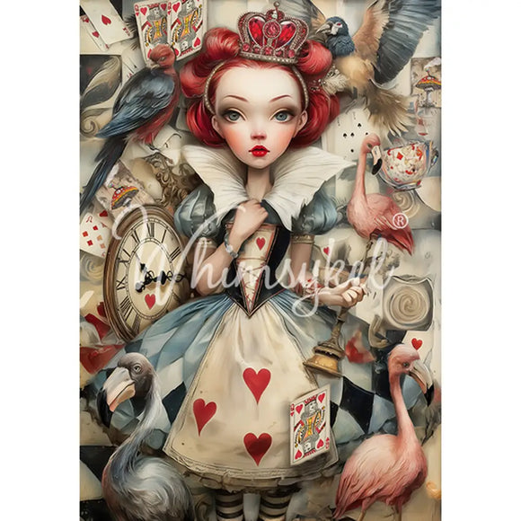 Full sheet Whimsykel Queen of Hearts 21x29 tissue decoupage paper for furnitureÑwhimsical playing cards, birds, flamingos, clock