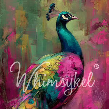 Regal Confidence Whimsykel tissue decoupage paper close-up featuring a vibrant teal, pink, and gold peacock on an abstract background
