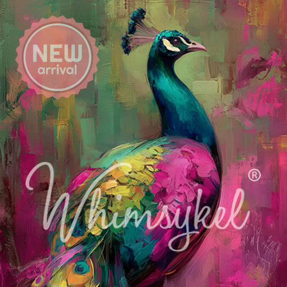 Regal Confidence Whimsykel tissue decoupage paper close-up featuring a vibrant teal, pink, and gold peacock on an abstract background