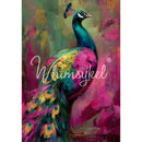 Full 21x29 Regal Confidence tissue decoupage paper sheet with colorful peacock artwork and bold magenta and green brushstrokes