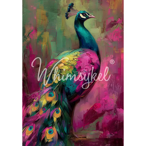Full 21x29 Regal Confidence tissue decoupage paper sheet with colorful peacock artwork and bold magenta and green brushstrokes
