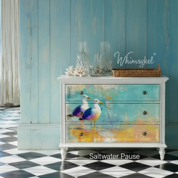 Coastal dresser makeover using Whimsykel Saltwater Pause 21x29 tissue decoupage paper for furniture with seagull beach artwork