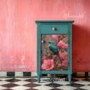 Teal painted nightstand featuring Whimsykel Songbird Blooms decoupage paper on the door panel with pink flowers
