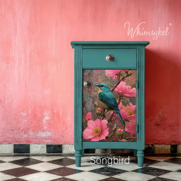 Teal painted nightstand featuring Whimsykel Songbird Blooms decoupage paper on the door panel with pink flowers