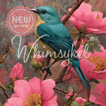 Whimsykel Songbird Blooms tissue decoupage paper close-up with teal songbird on branches and pink blossoms