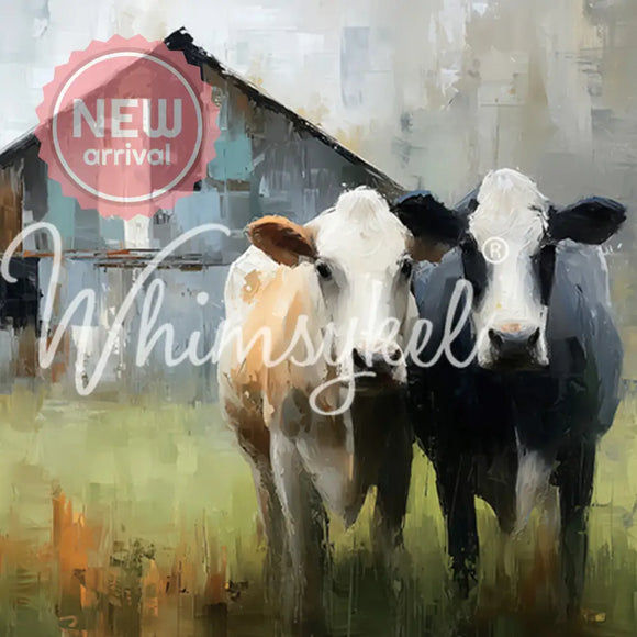 Whimsykel Stand By Me 21x29 tissue decoupage paper for furniture featuring two cows in a field with a barn, painterly farmhouse artwork